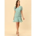 thumbnail image 4 of INSPIRE CHIC Women's Floral Puff Sleeve V Neck Drawstring Ruched Ruffle Dress Green XL, 4 of 4
