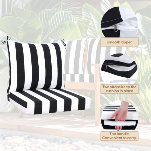 Geemuslly Outdoor Cushions for Patio Furniture 24 x 24 Inch, Double-Sided Waterproof Backrest and Deep Seat Cushion Set with Removable Cover,Black & White Print, Set of 2