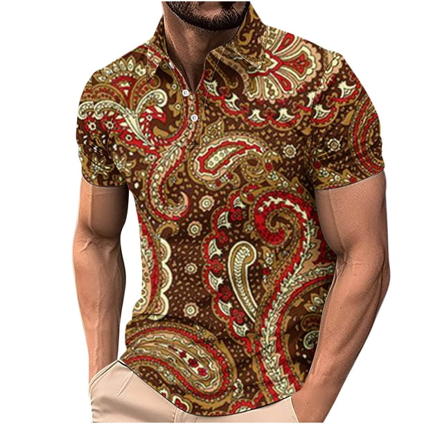 Camisetas de Manga Corta de los Hombres Casual Gradiente Solapa Botón Arriba Camiseta, Top Ligero para el Hogar, Uso Diario Y Cómodo