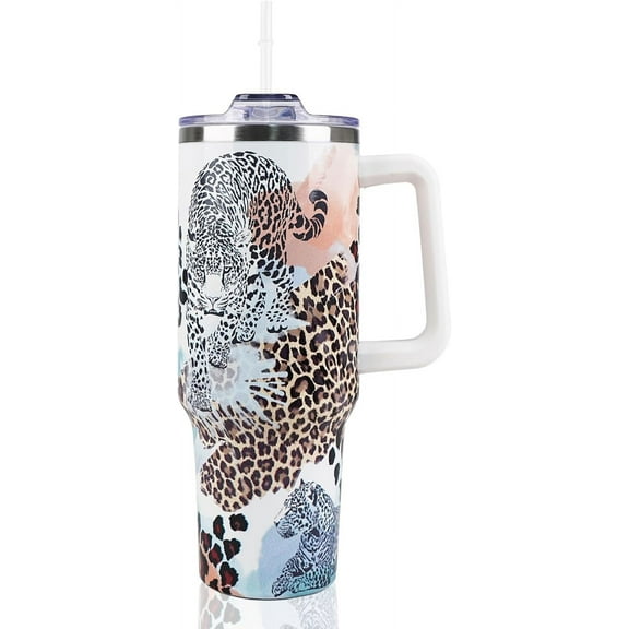Leopard Tumbler with Handle 40oz Stainless Steel Insulated Leopard Print Water Bottle Cup Leopard Gifts for Women Men