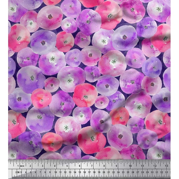 Soimoi Purple Modal Satin Fabric Flower Watercolor Print Fabric by the Yard 42 Inch Wide