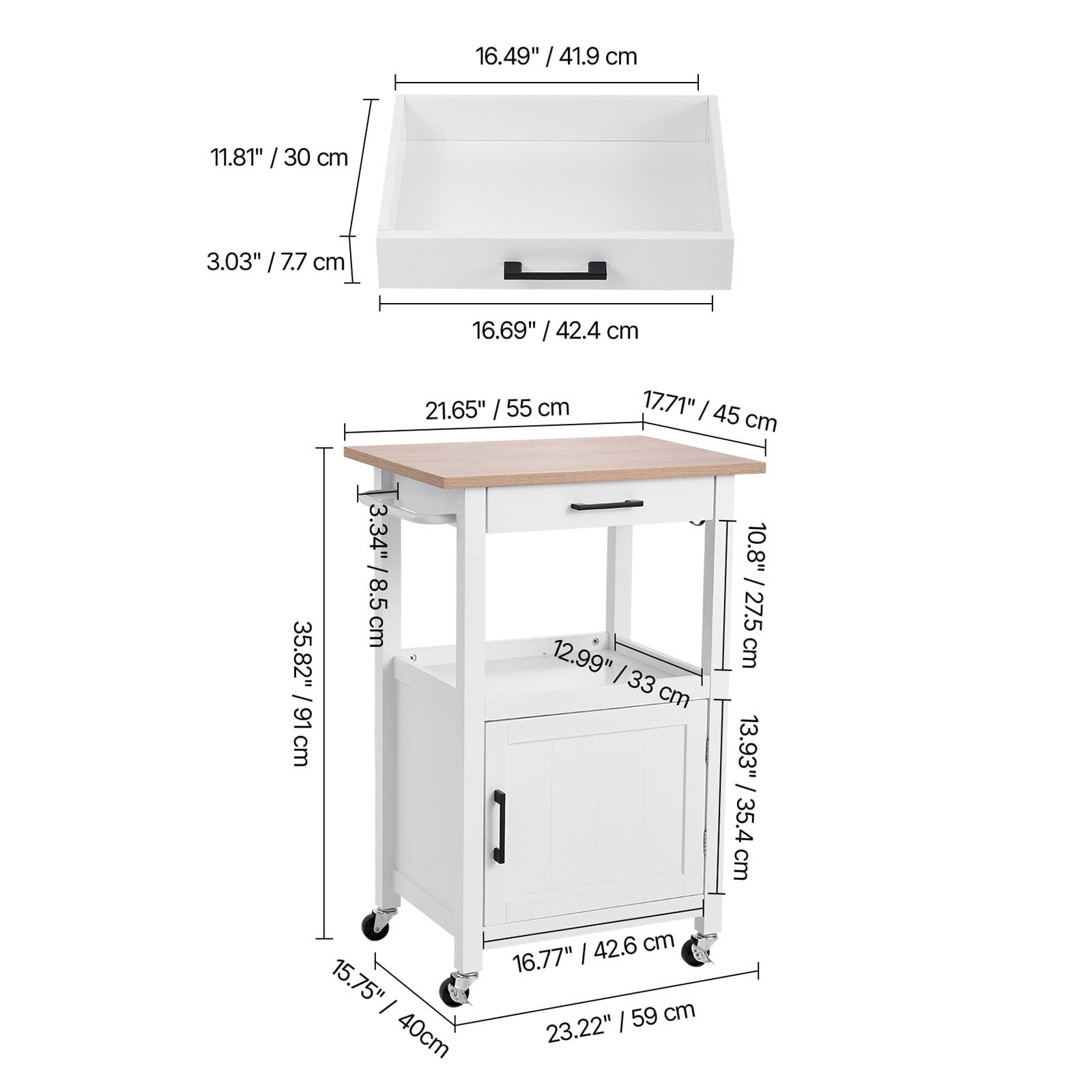KFFKFF Kitchen Island Cart with Cabinet and Drawer, Mobile Cart with Towel Rack, Hooks, and Swivel Wheels, Compact Coffee Station or Microwave Stand for Dining Room, 18x23 in, White