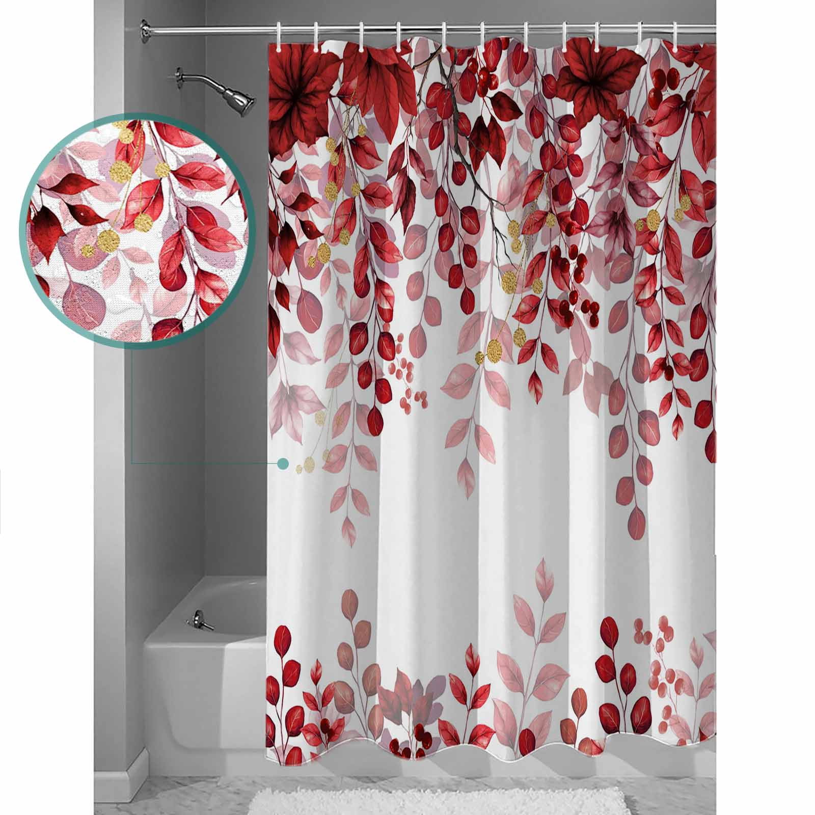 Red Eucalyptus Bathroom Curtain 78 Inch Shower Curtain with Hooks, Gold Branches Vintage Flower Plant Waterproof Polyester Bath Curtain Washable Bathtub Curtain 72''x 78''