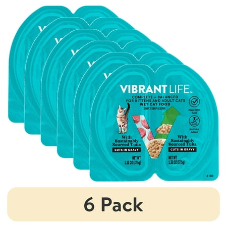 (6 pack) Vibrant Life Tuna Cuts in Gravy Wet Cat Food, Grain-Free, 2.64 oz Premium Portions Split Tray