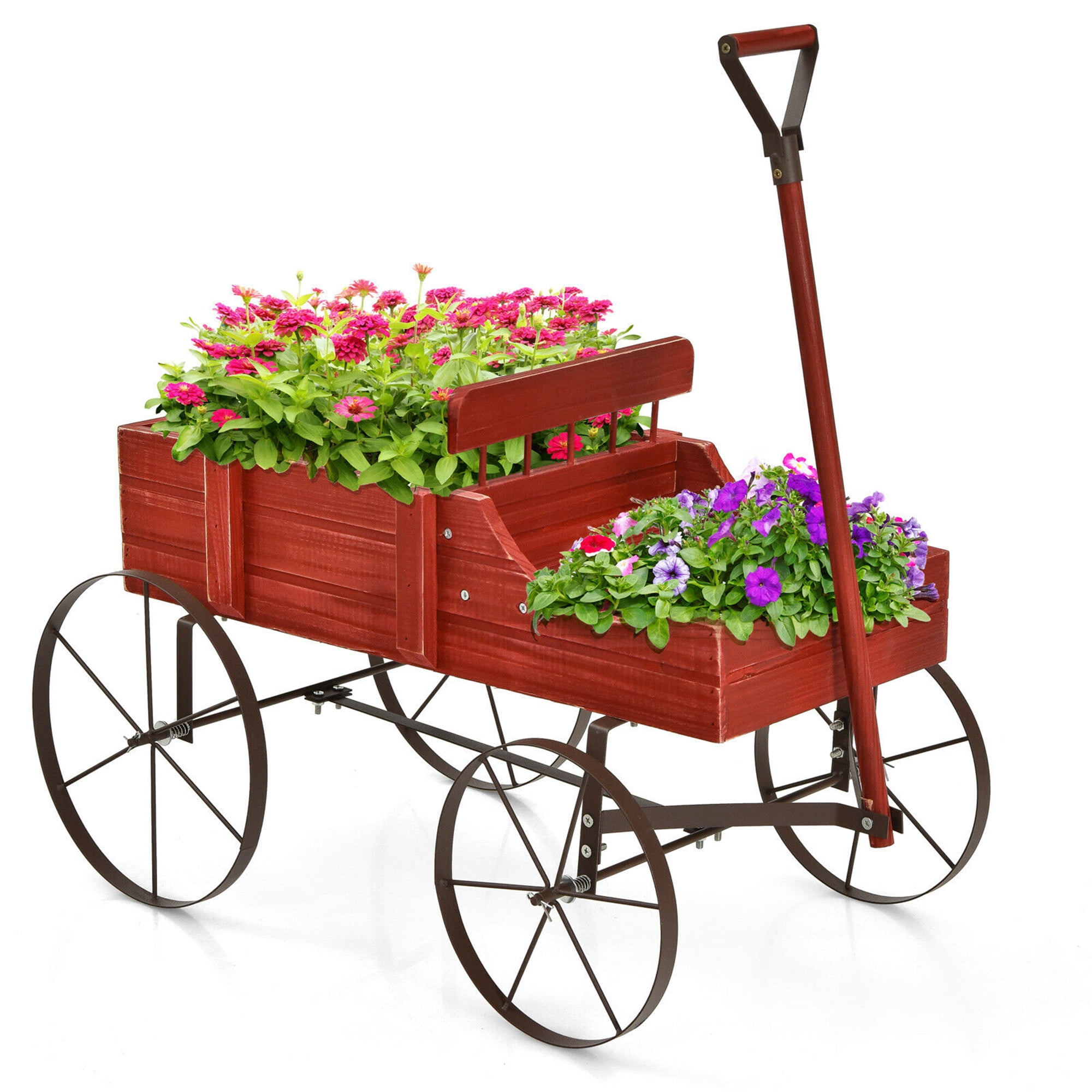 Wood Wagon Wheel Planter Bed Garden Flower Pot Cart Rustic Outdoor Red Stand NEW 
