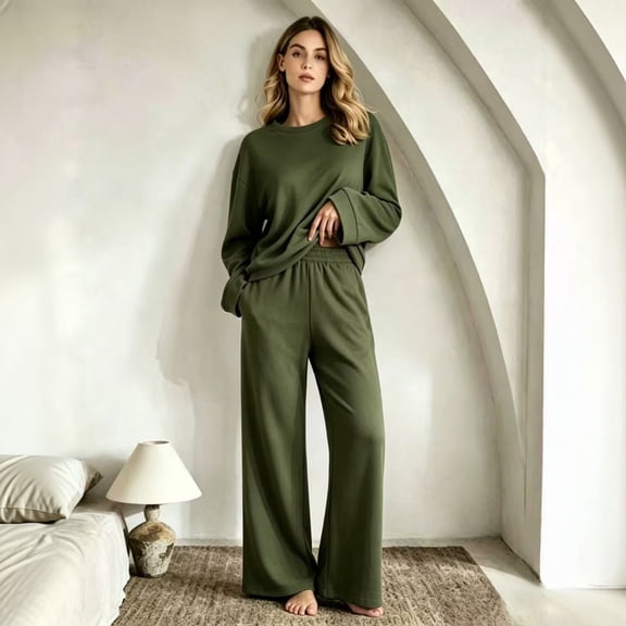 Matching Sets Women Clothing 2 Piece Sweatshirt Wide Leg Sweatpants Sweatsuits, Casual Tracksuit Lounge Sets L