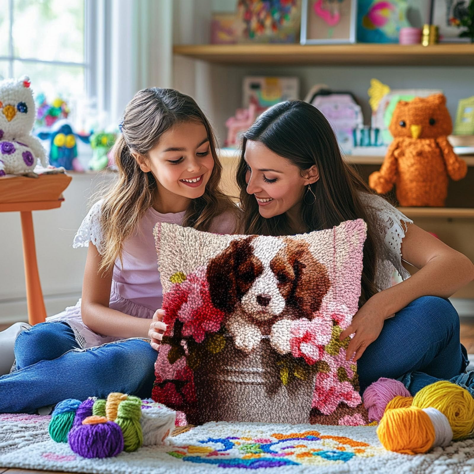 Puppy Bernese Mountain Dog in Bucket DIY Latch Hook Pillow Kits for Adults Printed Pillowcase Crochet Yarns Hooking Handmade Pillow Cover Cushion for Home Sofa Decoration 17x17inch