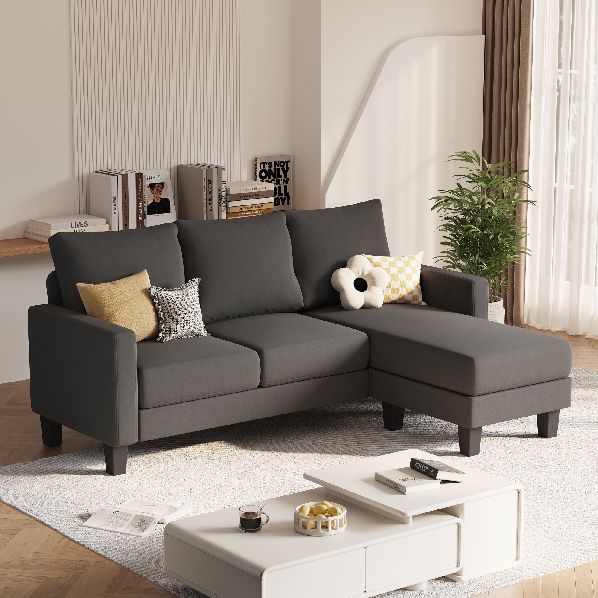 Vineego 72" L-Shaped Sectional Sofa with Ottoman Ergonomic Support Sofa Couch for Small Spaces Living Room, Apartment,Dark Gray