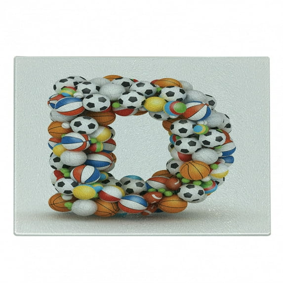 Letter D Cutting Board, Typescript in Sports Inspired Style Fun Game Match Play Boys Design, Decorative Tempered Glass Cutting and Serving Board, Small Size, Multicolor, by Ambesonne