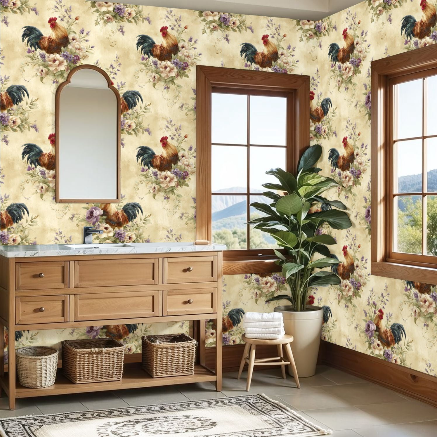 Peel and Stick Wallpaper 23.6in x 9.8ft Vintage Rooster Wildflower Country Pale Yellow Farmhouse Contact Paper Vinyl Waterproof Self Adhesive Wall Paper for Bedroom Shelf Cabinet Renter Friendly