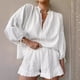 thumbnail image 4 of Conjunto de 2 piezas de algodón y lino para mujer, traje de playa informal, pantalones cortos holgados con volantes, jersey de manga larga con cordón, 2024, 4 of 5