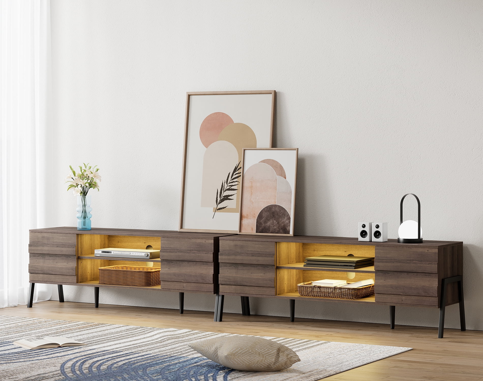 LED MidCentury TV Stand for TVs up to 100 Inch, Modern Entertainment