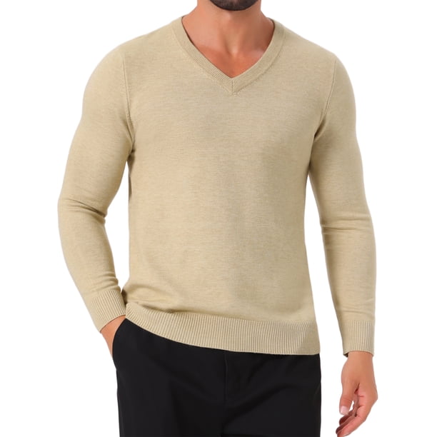 SUÉTER DE PULLOVER DE PUNTO DE COLOR SÓLIDO DE MANGA LARGA CON CUELLO EN V PARA HOMBRE S BEIGE