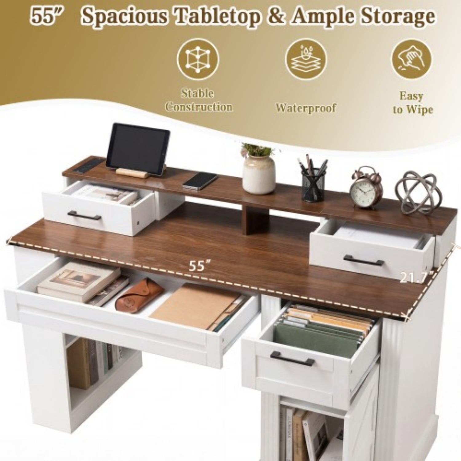 55" Farmhouse Computer Desk with Storage Cabinet & Charging Station, Barn Door Writing Desk with Keyboard Tray, Monitor Stand, Pegboard, Drawer & Adjustable Shelf for Home Office, White