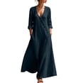 thumbnail image 6 of BRGZLK Women Maxi Dresses Solid Color V Neck Long Sleeve Cotton Linen Beach Sundress Lightweight Casual Loose Flowy Dress with Pockets Navy XL, 6 of 8