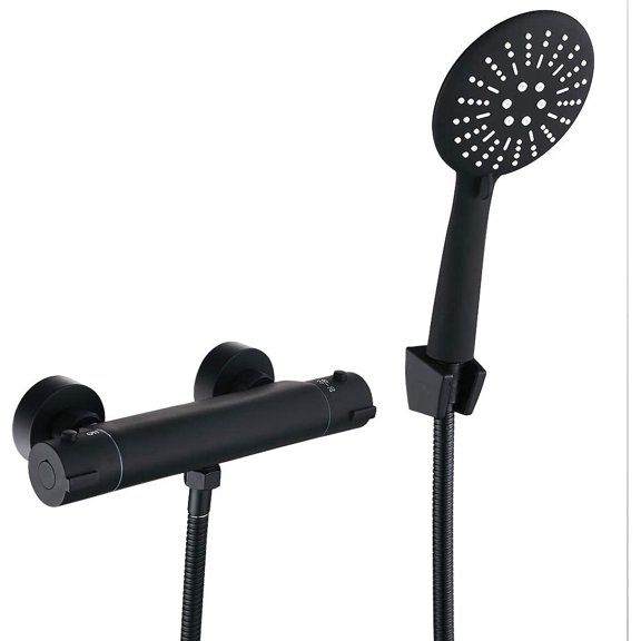 Bathroom Rainfall Black Shower Faucet Set Wall Mounted Copper Set with Hand Shower Head Bathtub Mixer Thermostatic Black Faucet