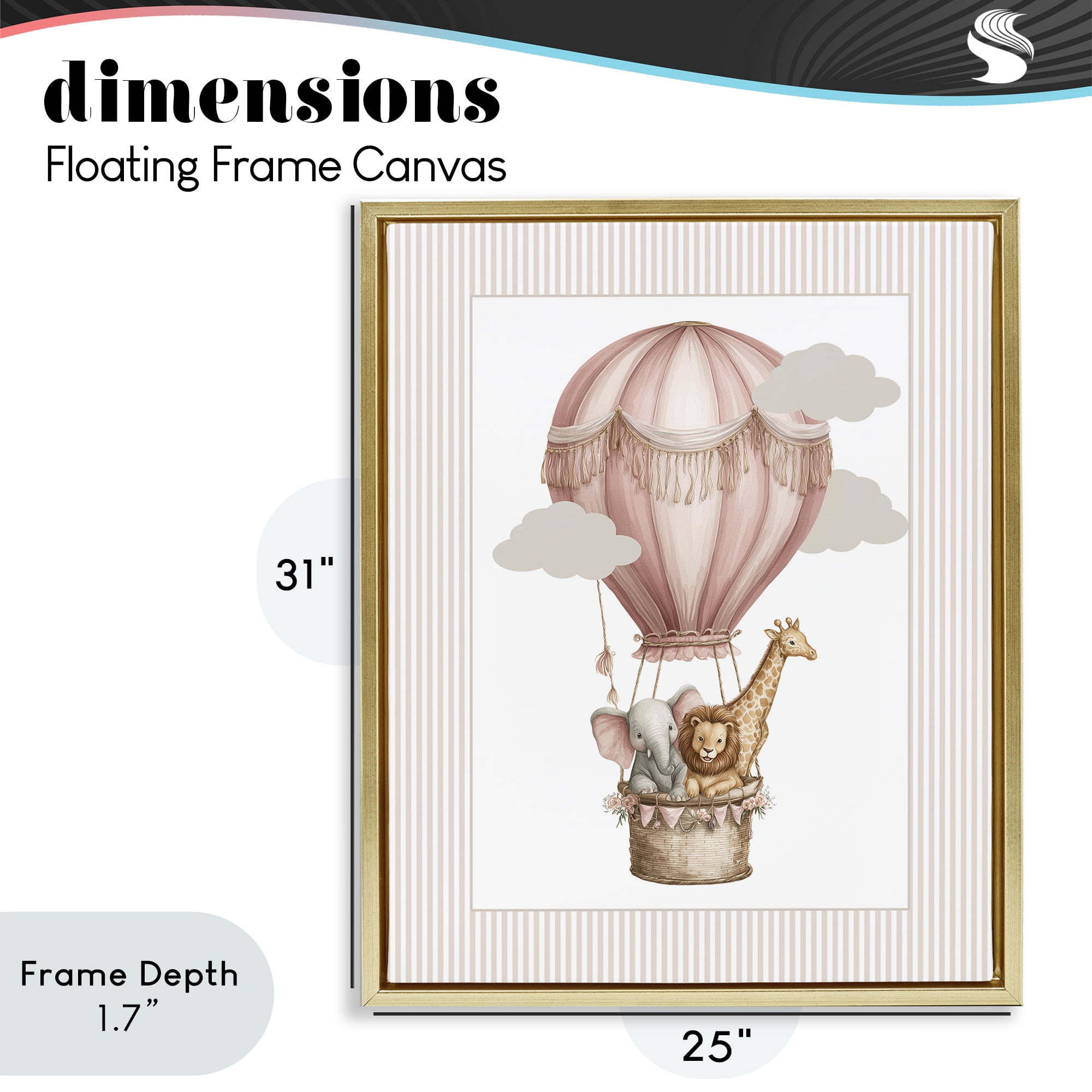 Stupell Industries Hot Air Balloon Animals Pink Gold Framed Floater Canvas Wall Art, design by Christine Simpson Art