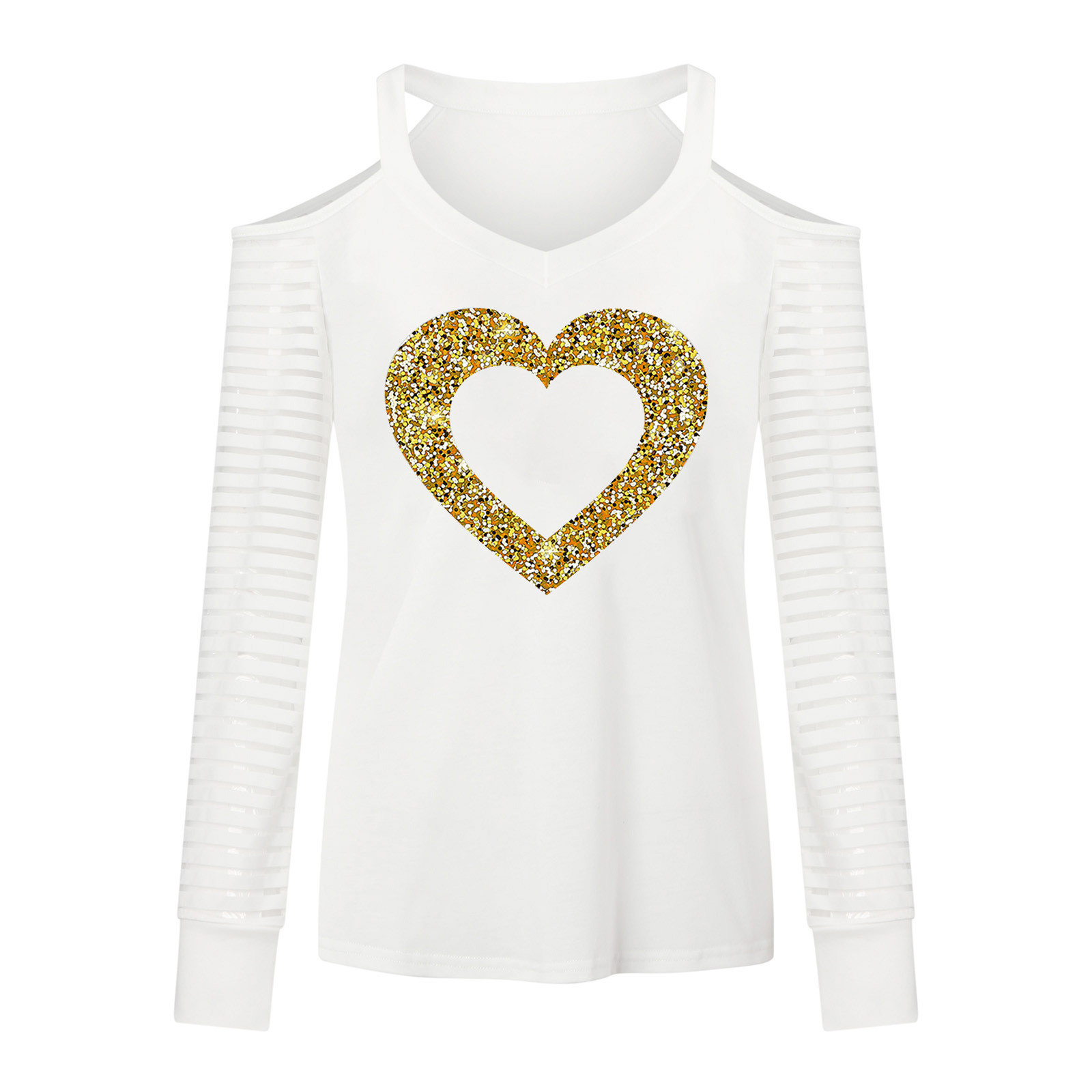 Women Sparkly Heart Shirts Fashion Sweetheart Collar Cold Shoulder Stripe Long Sleeves T-Shirt Pullover Tunic Tops - image 4 of 5