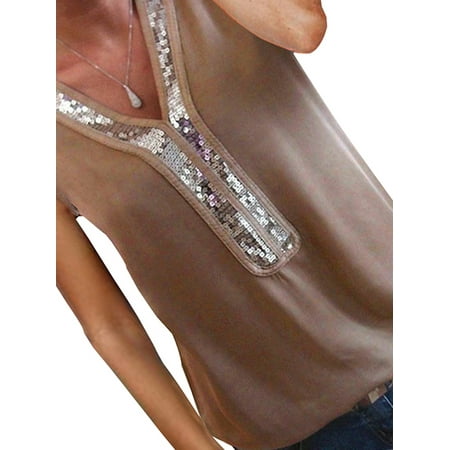 - Plus Size Women Summer T-Shirt Summer Top Sequined Splice V Neck Sleeveless Loose Chiffon Shirt Blouse S-5XL