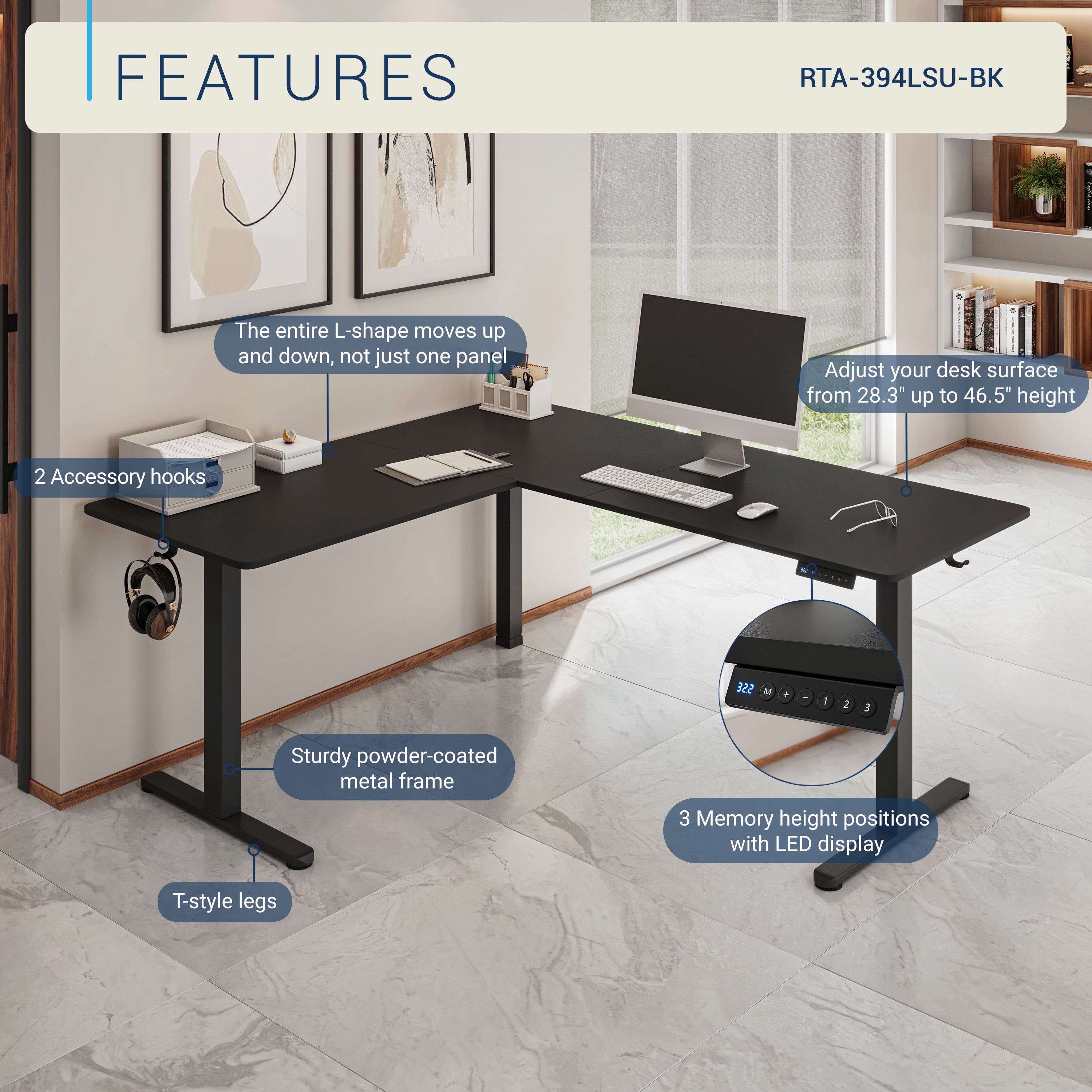 63" W L-Shaped Electric Standing Desk with Spacious Desktop, 3 Memory Height Presets and 2 Accessory Hooks, Black