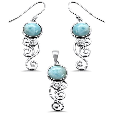 Oval Natural Larimar & Cz .925 Sterling Silver Pendant & Earring Set