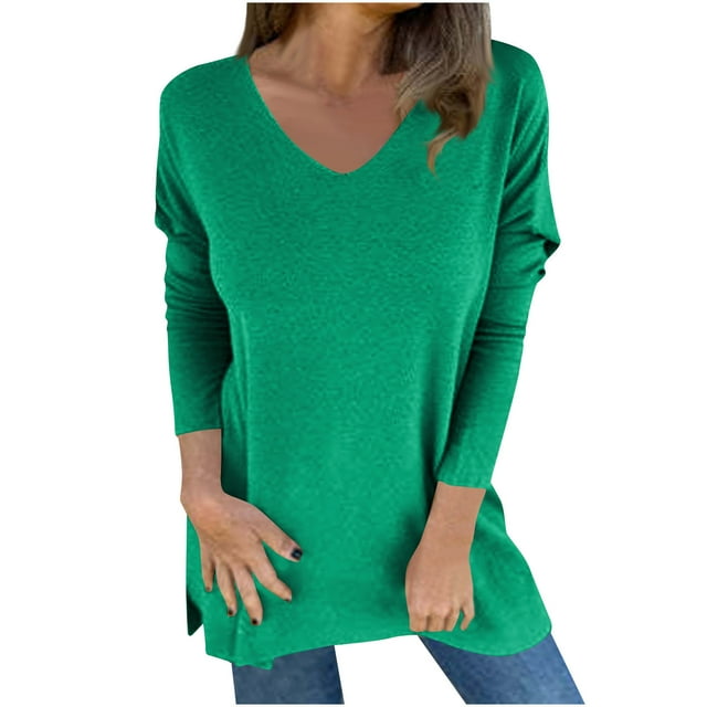GigrtiJin Womens Plus Size Shirt Casual Solid Color Round Neck Blouses Long Sleeved Irregular Hem Pullover Tops