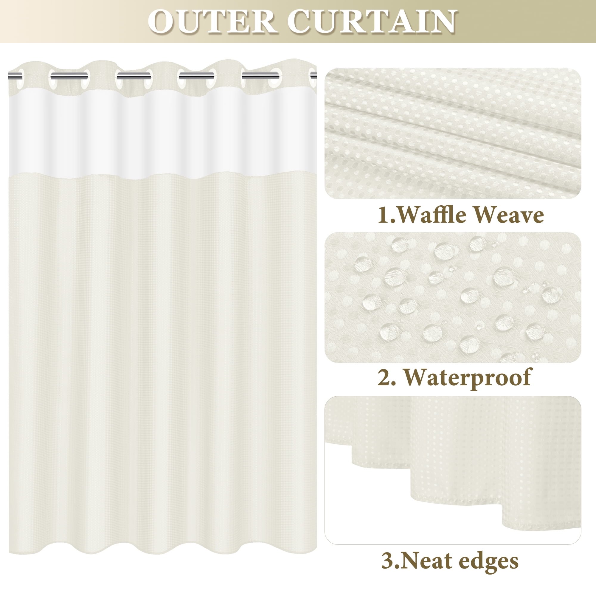 Ikfashoni Cream Hookless Shower Curtain with Snap in Liner,Waffle Weave Waterproof Fabric Mesh Window Bathroom Curtain,72"X74"
