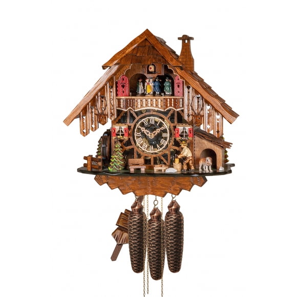 Cuckoo Clock Black Forest house with moving wood chopper and mill wheel