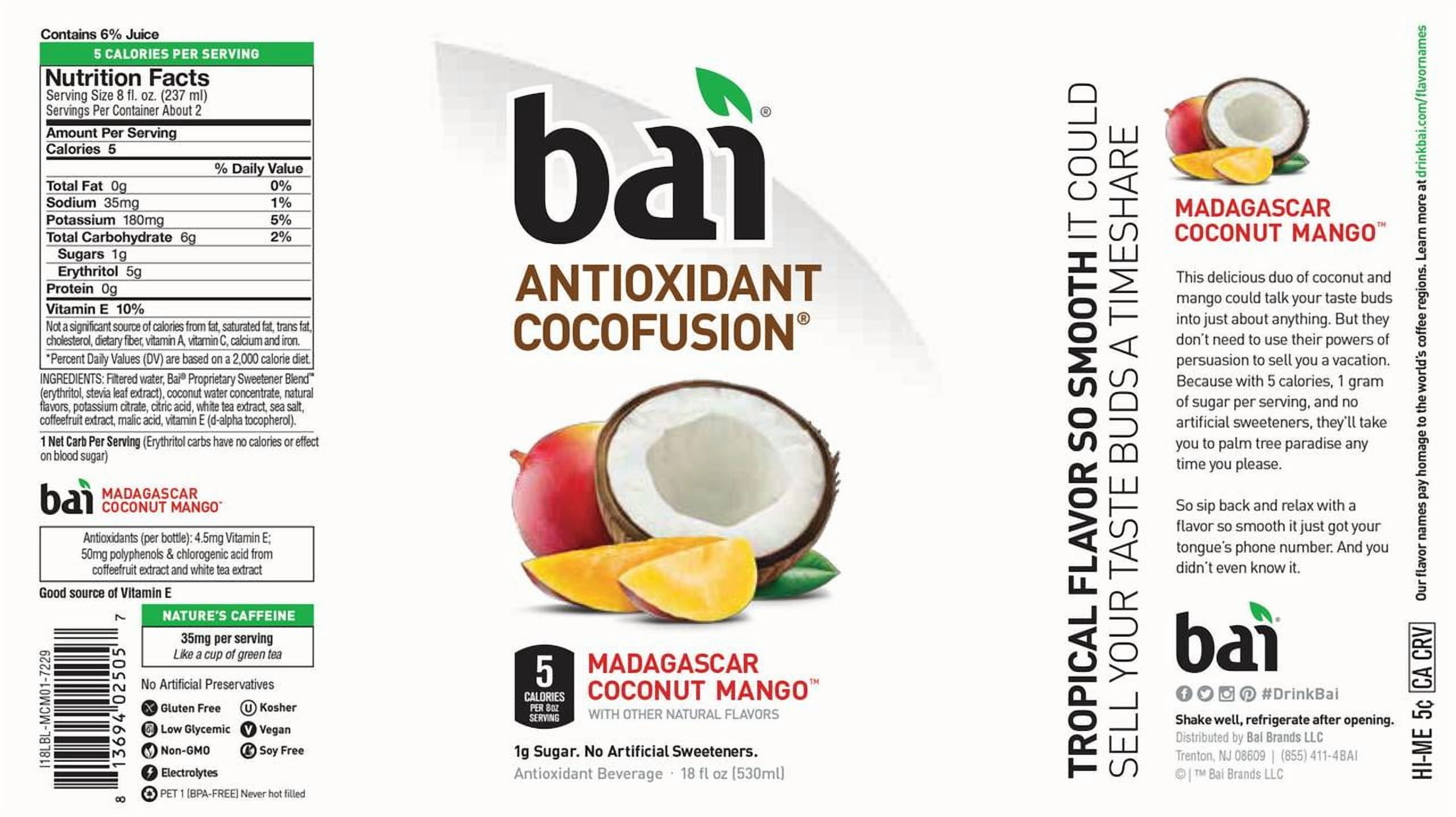 Bai Cocofusion Antioxidant Infused Beverage, Madagascar Coconut Mango, 18 Fl Oz, 12 Count