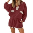 thumbnail image 2 of Short Sets for Women Loose Fit Long Sleeve Color Block Stand Collar Shirt and Shorts 2 Piece Matching Set Streetwear, 2 of 6