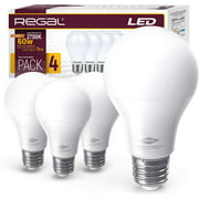 Regal LED Light Bulb A19 800-Lumen, 9-Watt (60-Watt Equivalent), E26 Base, Non-Dimmable (Warm (2700K), Pack of 4 Light Bulbs