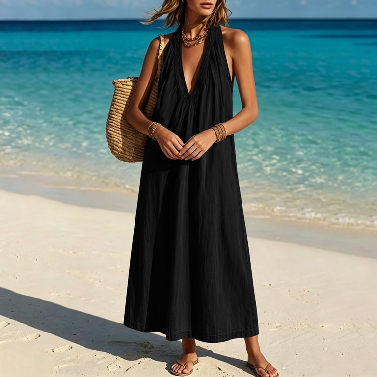 black halter dress with pockets Women's Black Woven Halter Neck Mini Shift Dress