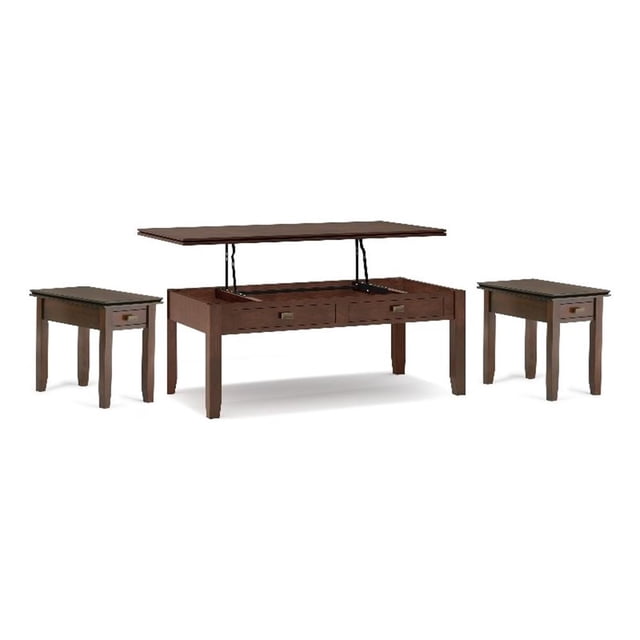 Table Basse à Plateau Relevable en Bois Artisanal 46 Pouces L et 2 Tables d'Appoint 14 Pouces L en Brun Roux