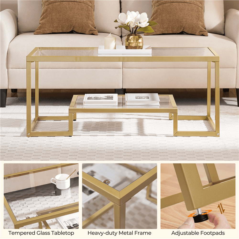 Alden Design Modern Storage Tempered Glass Iron Coffee Table, Gold