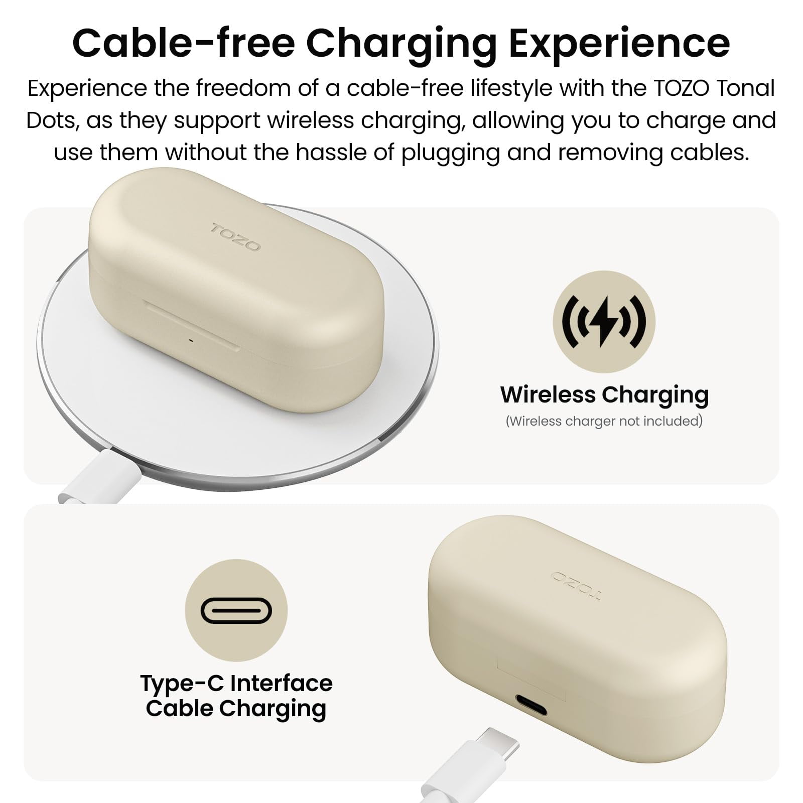 TOZO T12 Earbuds Wireless Bluetooth Headphones, 55H, ENC Noise Cancelling Mic, Premium Stereo Bass, Wireless Charge, IPX8 Waterproof, App-32EQ, LED Power Display, Champagne