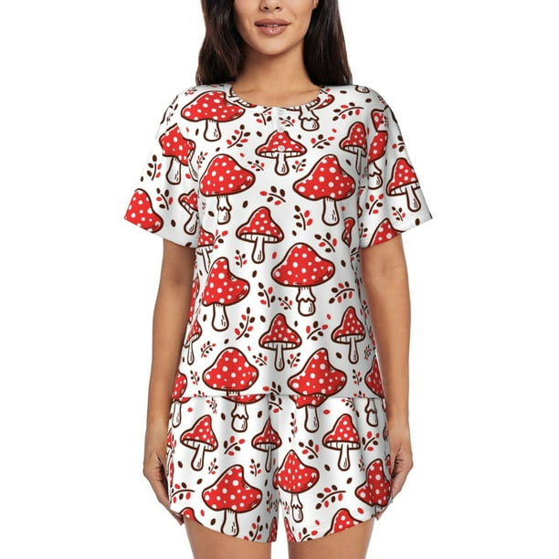 Balery Amanita Red Mushroom Conjunto de Pijama para Mujer con Estampado, Dos Piezas de Manga Corta y Shorts, Ropa de Dormir Suave con Cuello Redondo y Bolsillos-Large