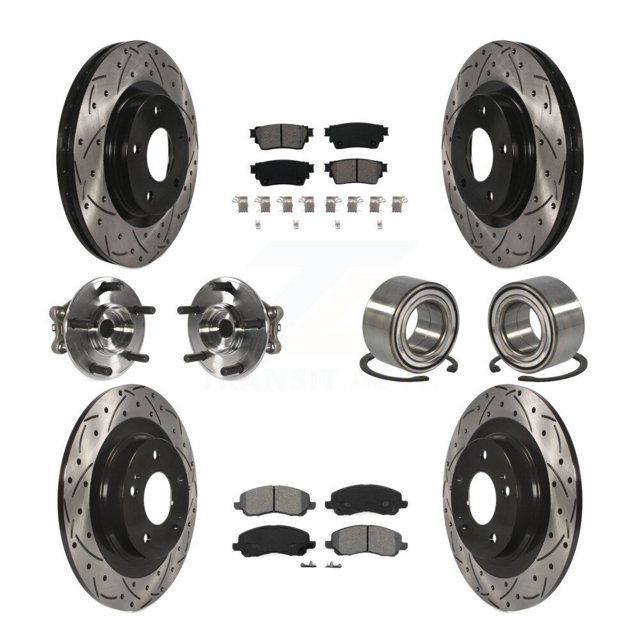 Transit Auto Front Rear Hub Bearing Assembly Coated Disc Brake Rotor and Semi-Metallic Pads Kit (10Pc) for Car 2017-2020 Mitsubishi Outlander AWD with Electric Parking Left Right Side KBB-122920
