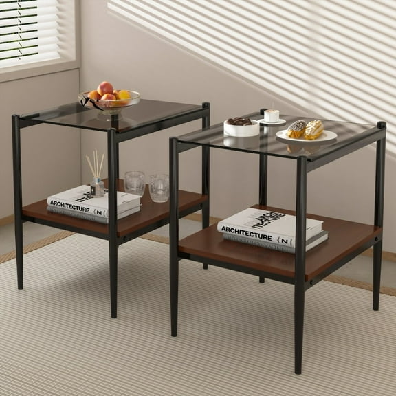 Set of 2 Rectangle End Table, 110lbs Load-bearing, Gray Glass|Modern Design
