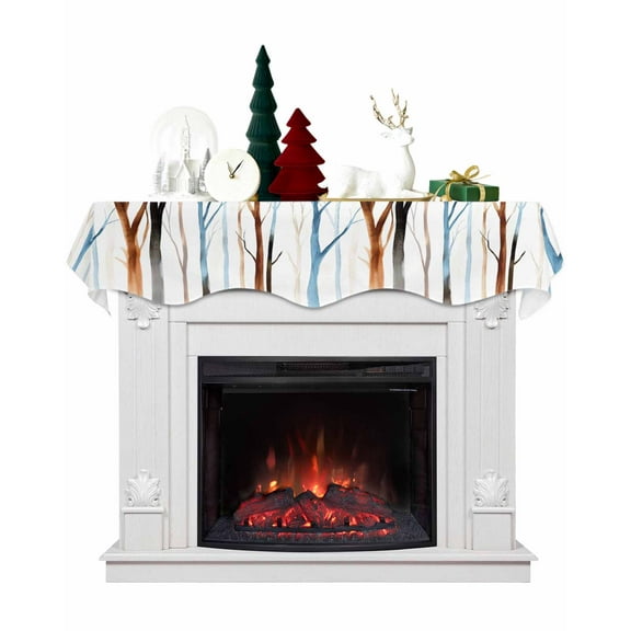 Blue Brown Tree Fireplace Mantel Scarf Table Runner, Watercolor Forest Art Winter Garland Mantel Top Tablerunners Dresser Scarves Cover Decorations for Windows Party Living Room 60''x17''