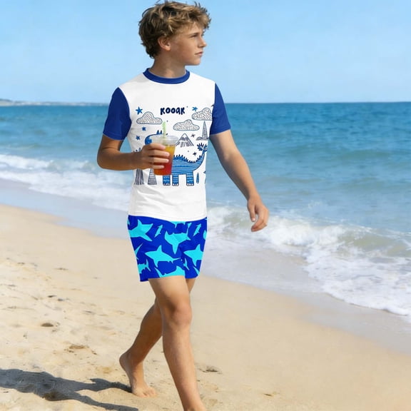 Fnooota Boys Rash Guard Swimsuits 2 Piece, Fashion Surfing Short Sleeve Kids Bathing Suits Boys'Swimwear Multicolor Size 10-12