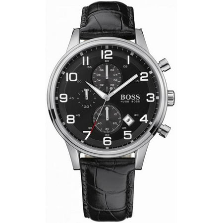 Hugo Boss Men's 44mm Black Leather Band Steel Case Quartz Analog Watch 1512448