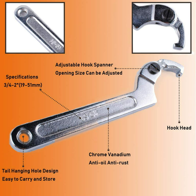 Adjustable C Spanner Hook Wrench Chrome Vanadium 3/4-2(19-51Mm)+2-4  3/4(51-121Mm) Spanner Set-Used to Tighten Side Slot Nuts on Collars, Lock  Nuts and Bearings 