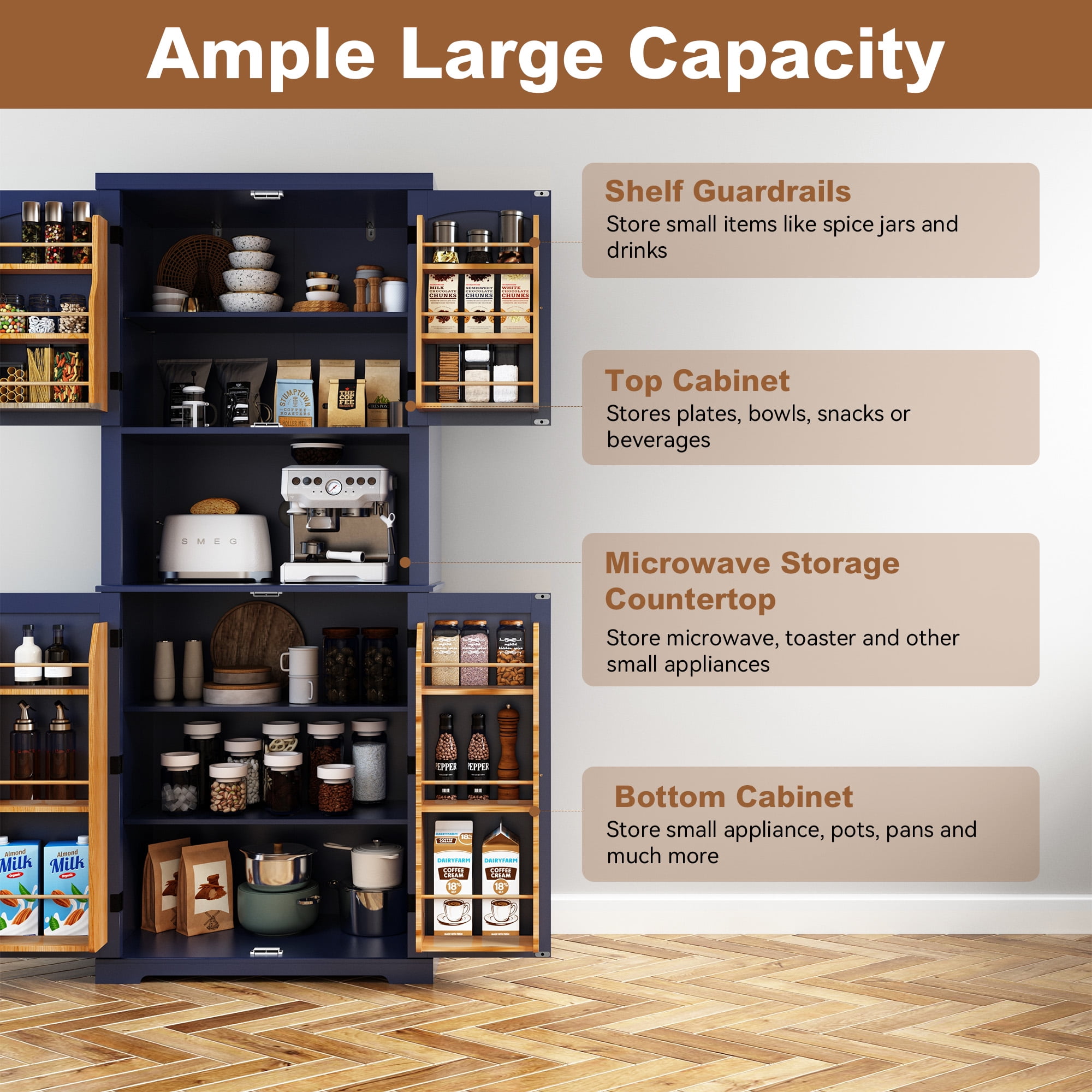 HLR 72" Kitchen Pantry Cabinet, Freestanding Pantry Storage Cabinet with Hutch & Shelves, Navy Blue