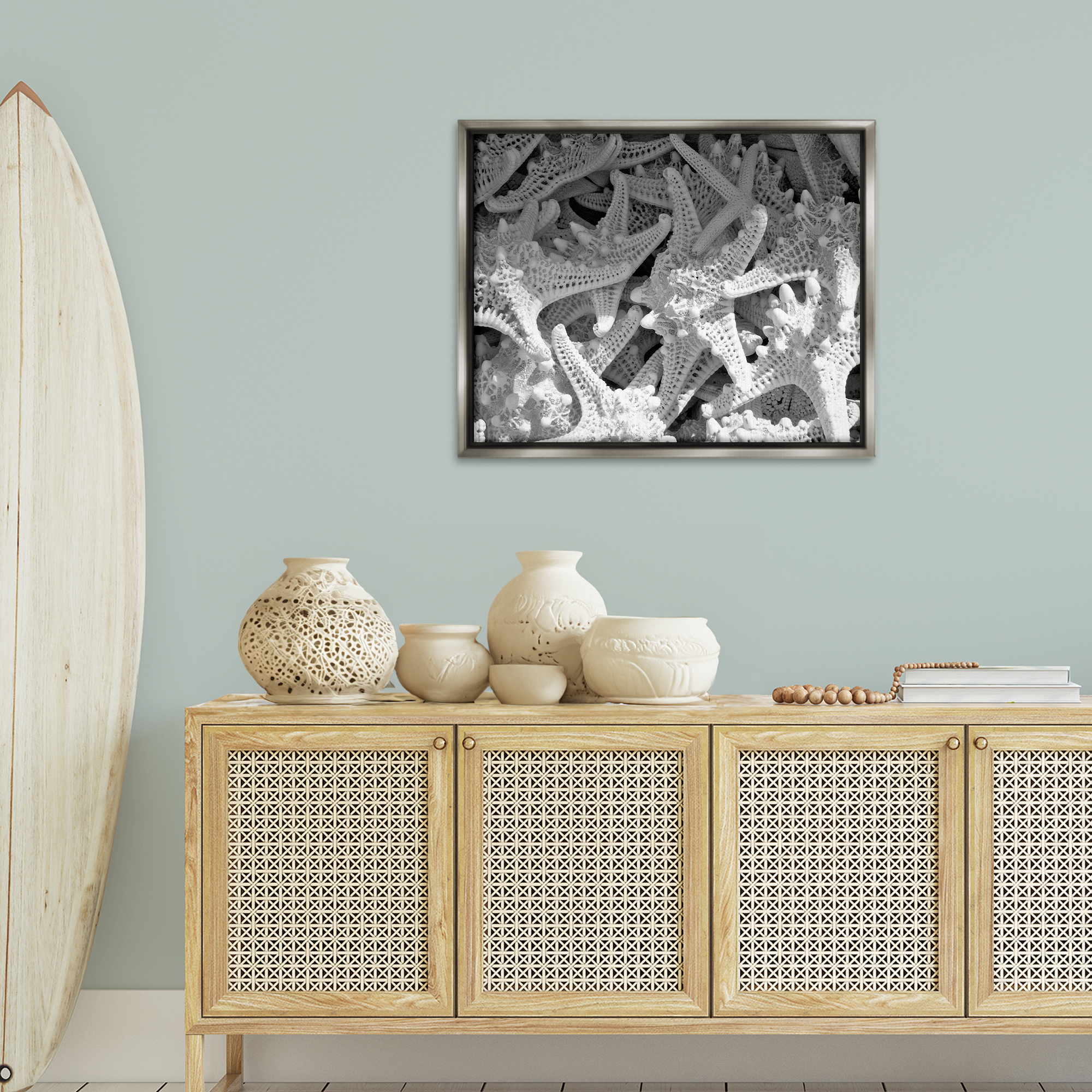 Stupell Industries Nautical Starfish Pile Coastal Photography Gray Floater Framed Canvas Art Print Wall Art, 31 x 25