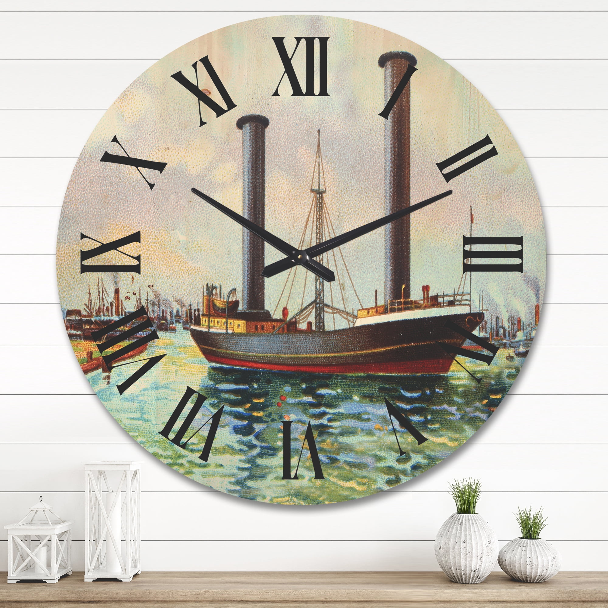Designart 'The Ancient Boat Leaving The Harbor' Nautical & Coastal Wood Wall Clock