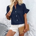 thumbnail image 5 of Timegard Tops for Women Ruched Ruffle Short Sleeve Stand Collar Shirts Casual Loose Button up Blouse, 5 of 5