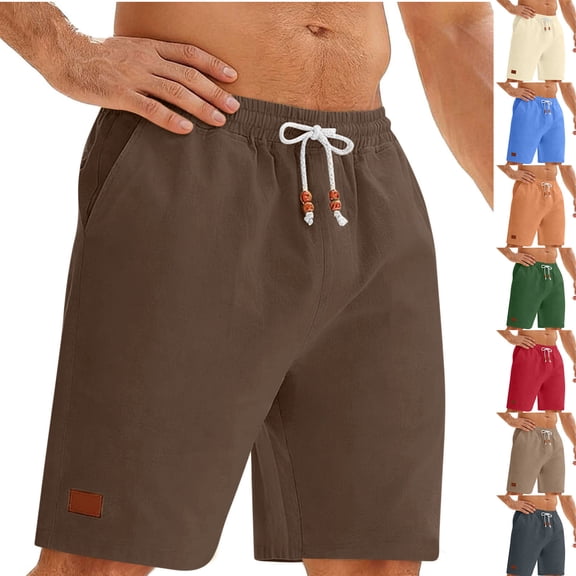 lcziwo Mens Swim Shorts Cotton Linen Knee Length Elastic Waist Hiking Shorts with Pockets Beach Travel Golf Drawstring Chino Short Army Green M