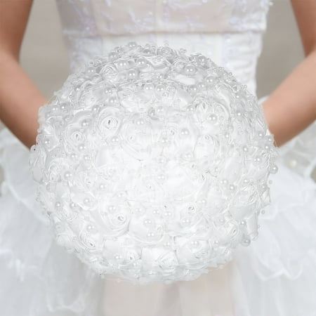 18cm Handmade Wedding Artificial Pearls Bridal Bouquet Satin