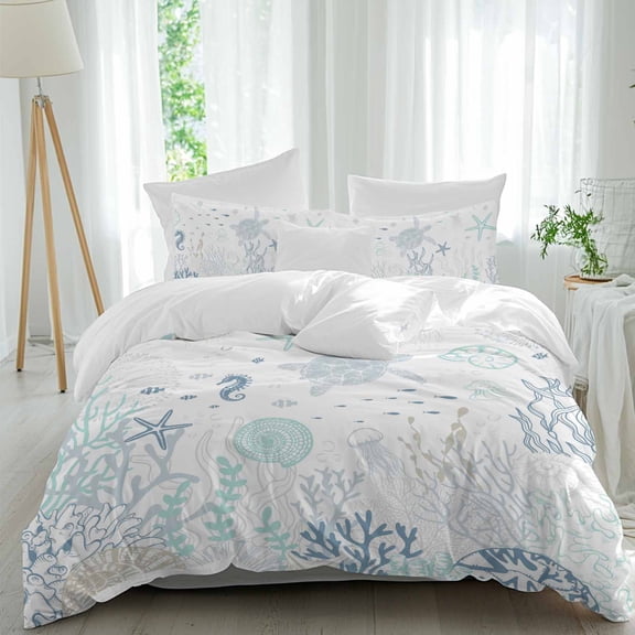 3 Piece Coastal Duvet Cover Set Queen Size,Microfiber Comforter/Quilt Cover with Corner Ties and 2 Pillowcases,Turquoise Blue Turtle Starfish Coral Jellyfish All Season Bedding with Zipper Closure