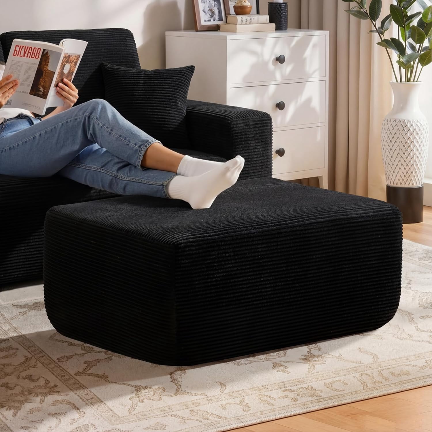 Howcool Oversized Corduroy Ottoman Bench for Living Room, Rectangle Plush Footrest Pouf, Extra Seating & Coffee Table for Sofa, Compressed Memory Foam, No Assembly Required, Black
